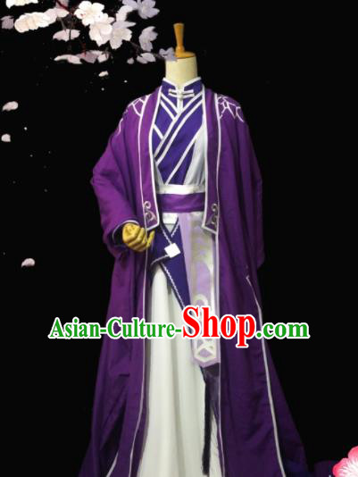 Chinese Traditional Cosplay Prince Purple Costumes Ancient Swordsman Clothing for Men