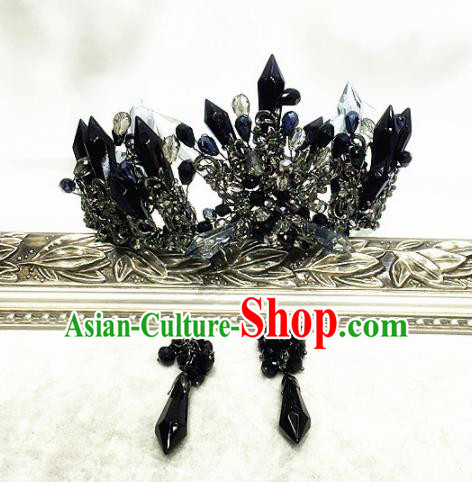 Handmade Bride Crystal Hair Accessories Wedding Baroque Black Royal Crown for Women
