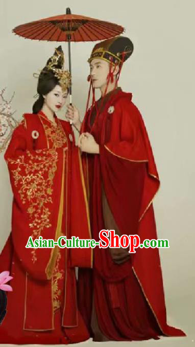 Chinese Traditional Wedding Dresses Ancient Bride and Bridegroom Embroidered Costumes Complete Set
