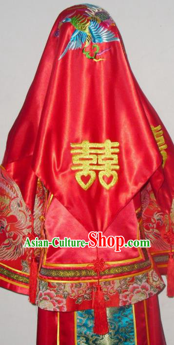 Chinese Traditional Wedding Headdress Ancient Bride Embroidered Peony Red Veil Curtain for Women