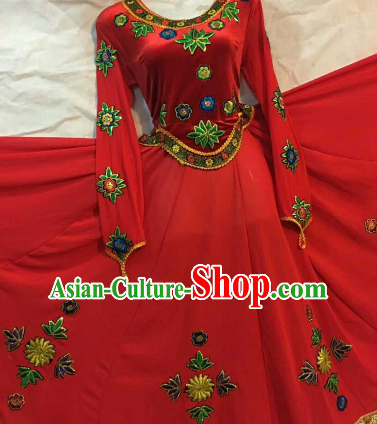 Chinese Traditional Uigurian Ethnic Costumes Xinjiang Uyghur Minority Folk Dance Red Dress for Women