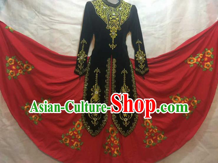 Chinese Traditional Uigurian Nationality Ethnic Costumes Xinjiang Uyghur Minority Folk Dance Black Dress for Women