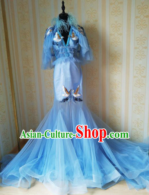 Top Grade Modern Dance Mermaid Blue Full Dress Stage Performance Costume for Women