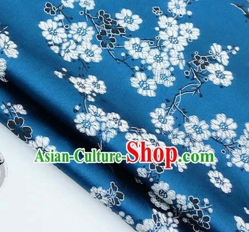 Chinese Traditional Blue Brocade Classical Plum Blossom Pattern Design Silk Fabric Material Satin Drapery