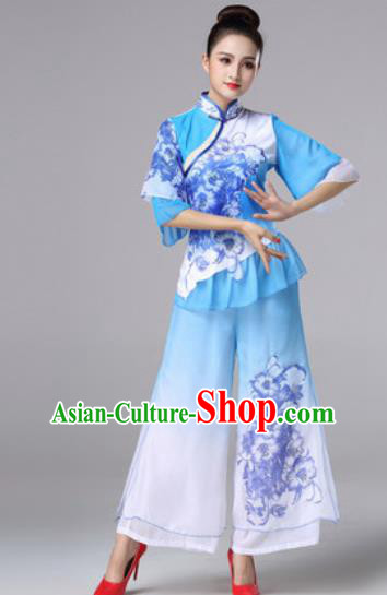 Traditional Chinese Classical Folk Dance Blue Clothing Stage Performance Fan Dance Costumes for Women