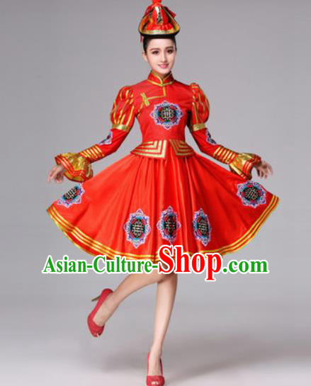 Chinese Traditional Ethnic Costumes Mongol Minority Nationality Folk Dance Red Dress for Women
