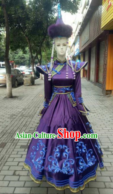 Chinese Traditional Mongol Nationality Purple Ethnic Costumes Mongolian Folk Dance Dress for Women