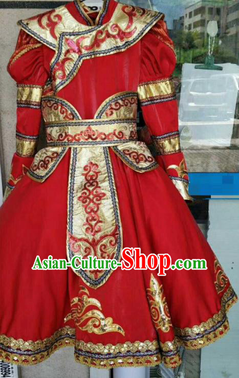 Chinese Traditional Mongol Nationality Costumes Mongolian Folk Dance Ethnic Red Dress for Kids