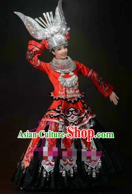Chinese Traditional Miao Nationality Wedding Costumes Hmong Folk Dance Red Ethnic Dress for Women