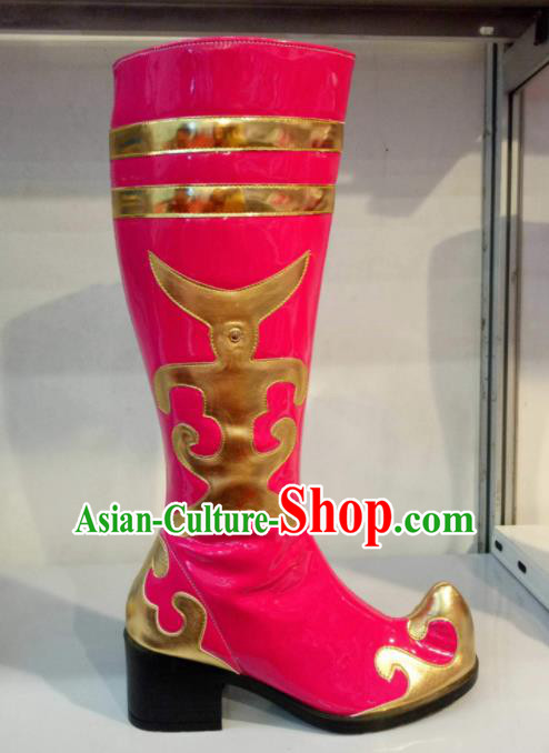 Chinese Traditional Mongol Nationality Dance Shoes Mongolian Folk Dance Ethnic Rosy Boots for Women