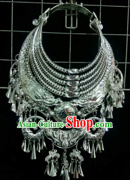 Traditional Chinese Miao Nationality Sliver Carving Necklace Hmong Wedding Jewelry Accessories for Women