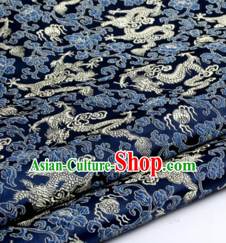 Chinese Traditional Tang Suit Navy Brocade Classical Pattern Dragons Design Silk Fabric Material Satin Drapery