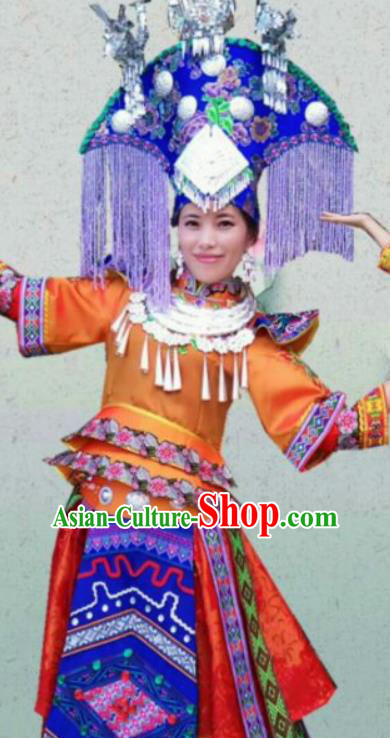 Chinese Traditional Zhuang Nationality Costumes Ethnic Folk Dance Orange Dress and Hat for Women
