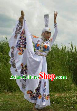 Chinese Traditional Mongol Nationality Costumes Mongolian Ethnic Folk Dance White Dress and Hat for Women