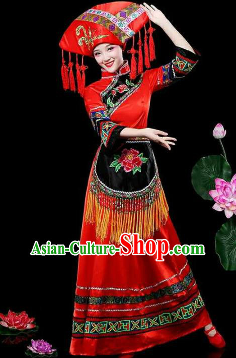 Chinese Traditional Zhuang Nationality Costumes Ethnic Folk Dance Red Dress and Hat for Women