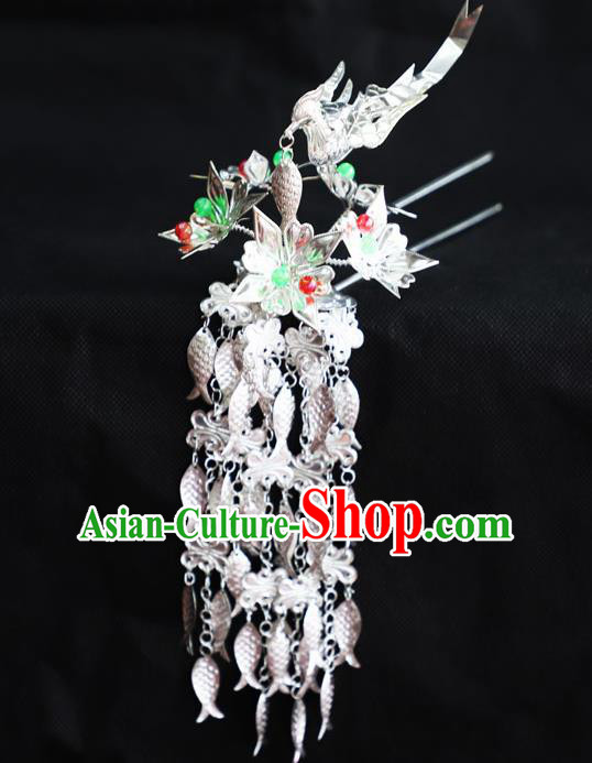 Chinese Traditional Miao Nationality Hair Accessories Sliver Phoenix Tassel Hairpins for Women