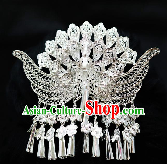 Chinese Traditional Miao Nationality Wedding Hair Accessories Sliver Peacock Tassel Hairpins for Women