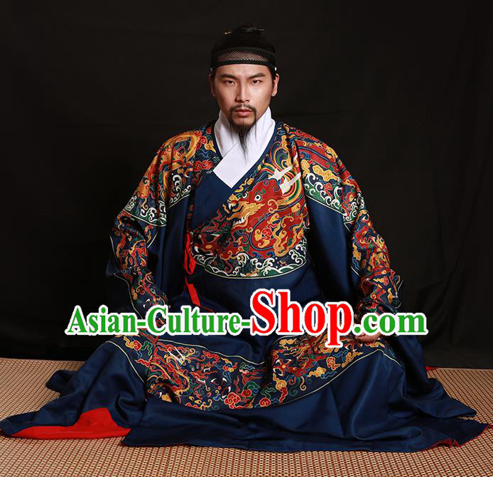 Chinese Traditional Ming Dynasty Imperial Bodyguard Clothing Ancient Blads Embroidered Blue Costumes for Men