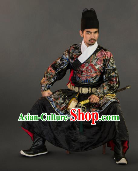 Chinese Traditional Ming Dynasty Swordsman Clothing Ancient Blades Embroidered Black Costumes for Men