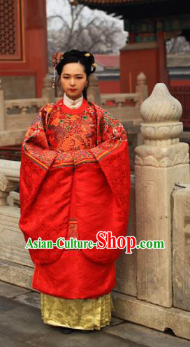 Chinese Traditional Ming Dynasty Empress Wedding Clothing Ancient Queen Embroidered Costumes and Headpiece for Women