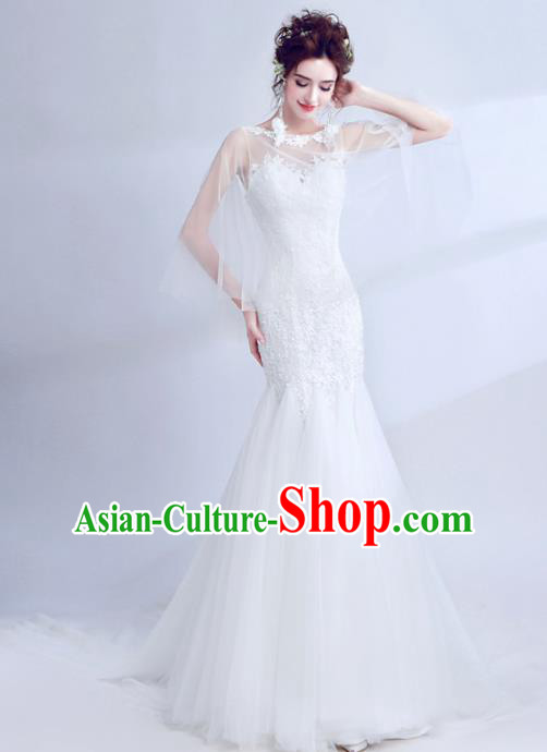 Top Grade Princess Fancy White Lace Wedding Mermaid Dress Handmade Wedding Gown for Women