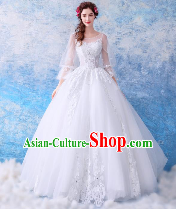 Top Grade Princess Fancy White Lace Wedding Dress Handmade Wedding Gown for Women