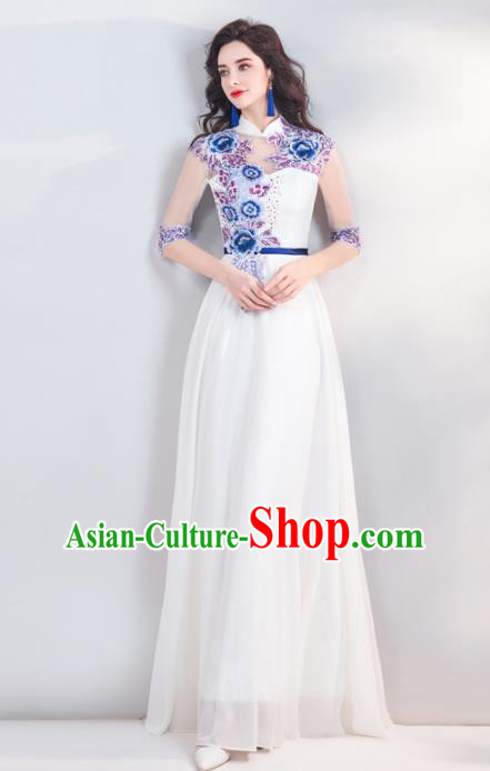 Chinese Traditional White Cheongsam Wedding Bride Costume Compere Full Dress for Women