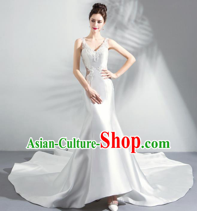 Handmade Top Grade Princess White Satin Wedding Dress Fancy Wedding Gown for Women