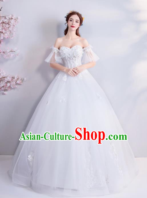 Top Grade Princess Flat Shouders Wedding Dress Handmade Fancy White Wedding Gown for Women