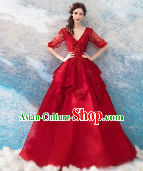 Handmade Top Grade Princess Wine Red Wedding Dress Fancy Wedding Gown for Women