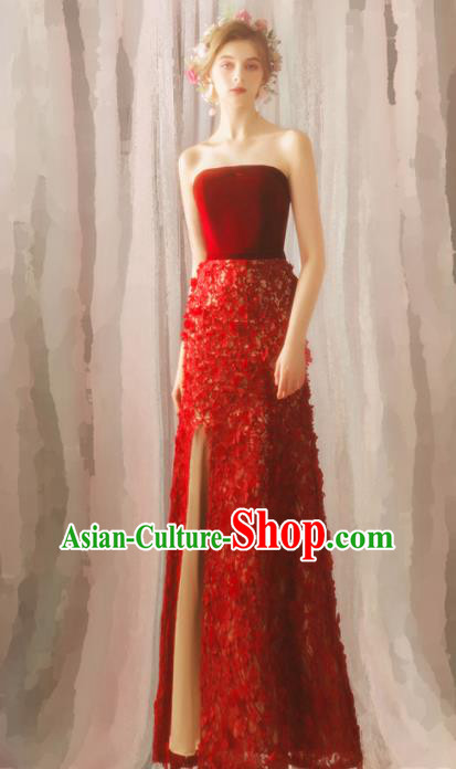 Top Grade Compere Red Velvet Formal Dress Handmade Catwalks Angel Full Dress for Women