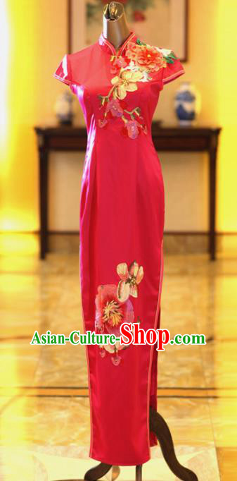 Chinese Traditional Red Cheongsam Wedding Bride Costume Compere Full Dress for Women