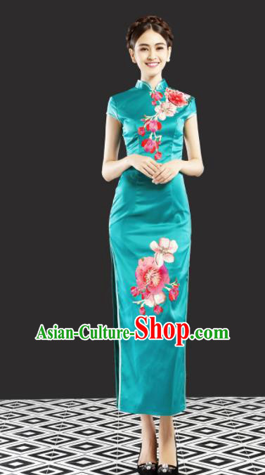 Chinese Traditional Chorus Green Cheongsam Wedding Bride Costume Compere Full Dress for Women
