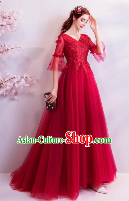 Chinese Traditional Red Cheongsam Wedding Bride Costume Compere Full Dress for Women