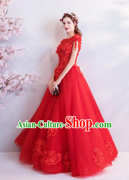 Chinese Traditional Red Cheongsam Wedding Bride Costume Compere Full Dress for Women