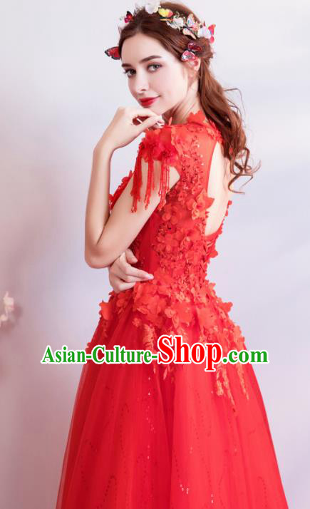 Chinese Traditional Red Cheongsam Wedding Bride Costume Compere Full Dress for Women