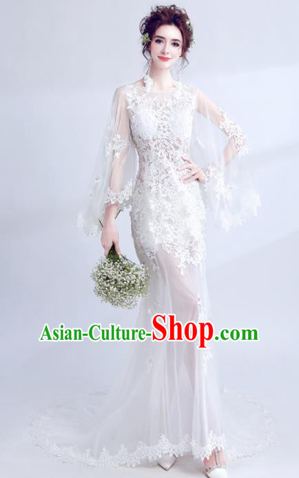 Handmade Princess White Lace Wedding Dress Top Grade Fancy Wedding Gown for Women