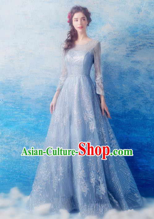 Top Grade Blue Evening Dress Compere Costume Handmade Catwalks Angel Full Dress for Women
