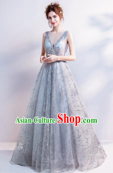 Handmade Grey Veil Evening Dress Compere Costume Catwalks Angel Full Dress for Women