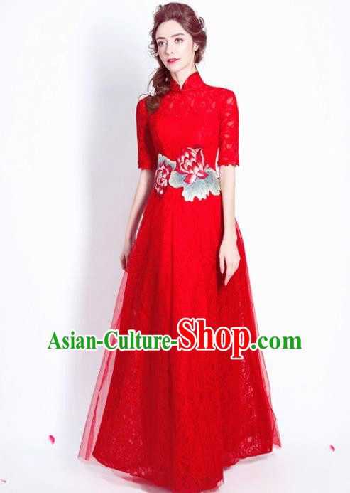 Chinese Traditional Embroidered Peony Red Lace Cheongsam Wedding Bride Compere Tang Suit Full Dress for Women