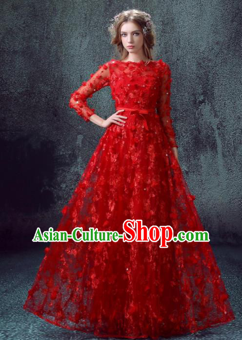 Handmade Bride Red Lace Wedding Dress Princess Costume Flowers Fairy Fancy Wedding Gown for Women
