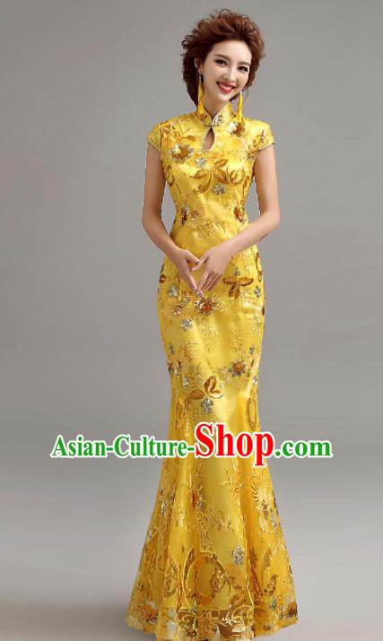 Chinese Traditional Mermaid Full Dress Wedding Bride Yellow Cheongsam for Women