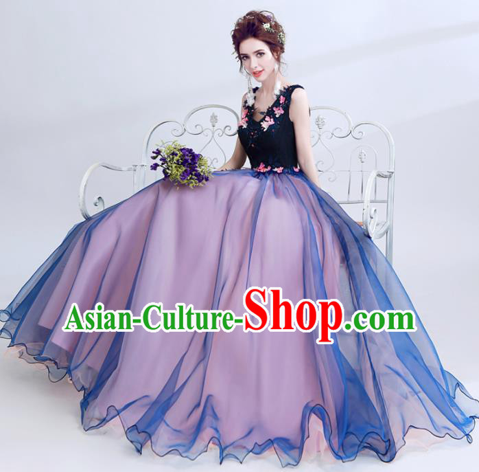Top Grade Purple Veil Evening Dress Compere Costume Handmade Catwalks Angel Full Dress for Women