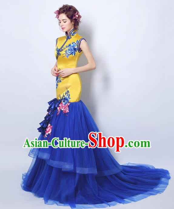 Top Grade Purple Veil Evening Dress Compere Costume Handmade Catwalks Angel Full Dress for Women