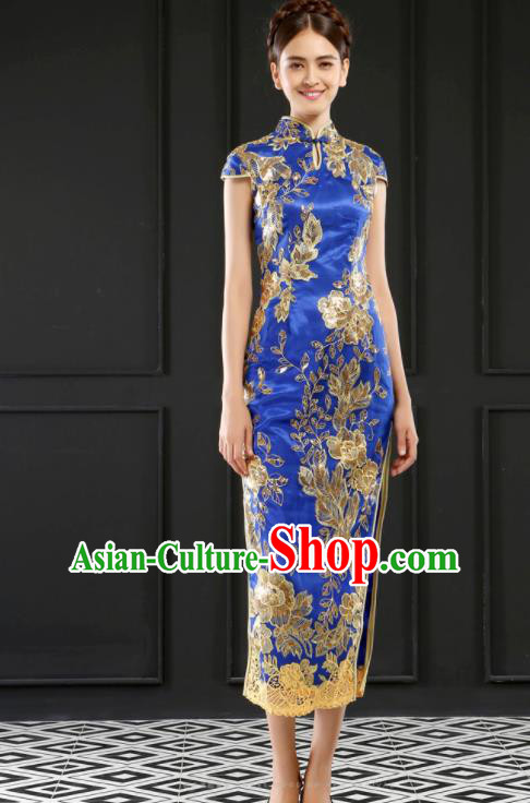 Chinese Traditional Embroidered Blue Cheongsam Wedding Bride Compere Chorus Full Dress for Women