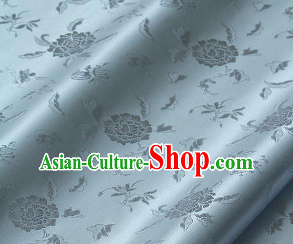 Traditional Asian Light Blue Brocade Classical Peony Pattern Drapery Korean Hanbok Palace Satin Silk Fabric