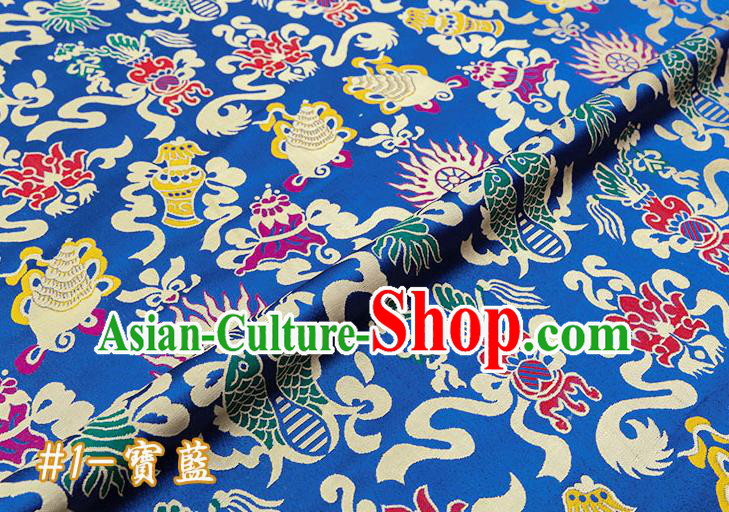 Chinese Traditional Blue Nanjing Brocade Satin Fabric Tang Suit Material Classical Double Fishes Pattern Design Drapery