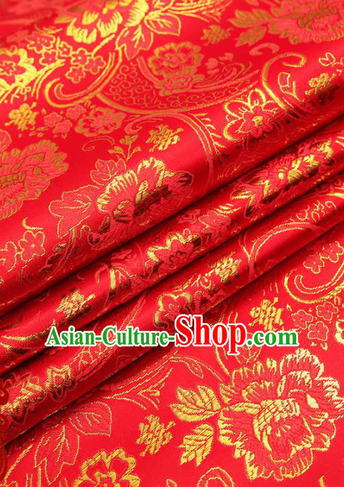 Chinese Traditional Satin Classical Golden Peony Pattern Design Red Brocade Fabric Tang Suit Material Drapery