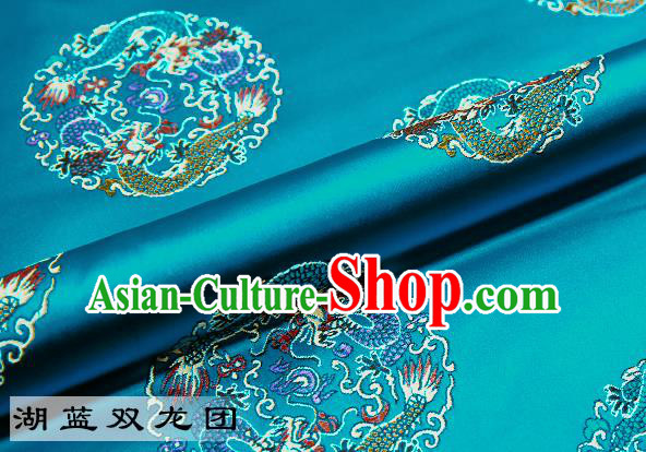 Chinese Traditional Blue Satin Classical Dragons Pattern Design Brocade Fabric Tang Suit Material Drapery