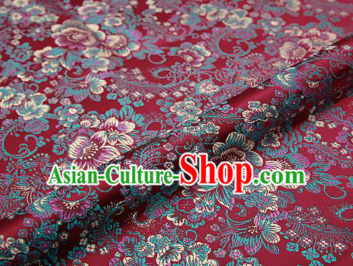 Purplish Red Brocade Chinese Traditional Garment Fabric Classical Peony Pattern Design Satin Cushion Material Drapery